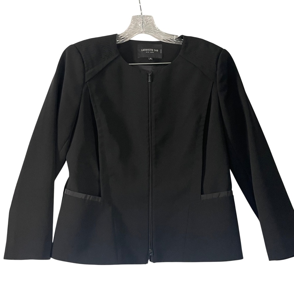 Lafayette 148 New York Petite 12 Black Zip Front‎ Blazer Jacket Minimalist Work